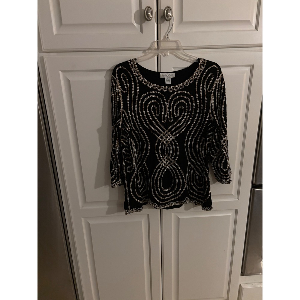 Once 1 Again Plus Black Gold White Embroidered 3/4 Sleeve Top Blouse 1X RN107465